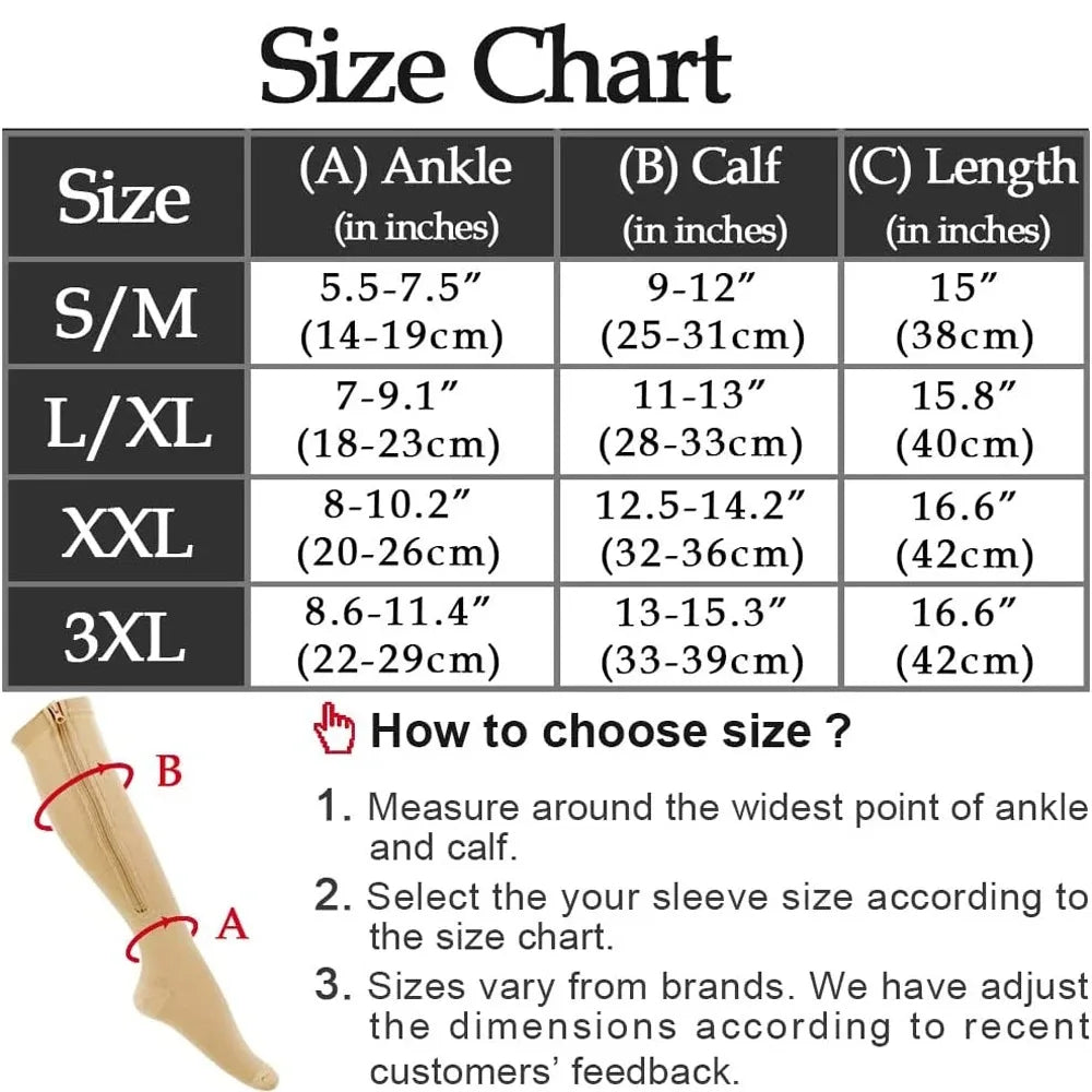 1 Pair Medical Zipper Compression Socks Women Men High Elasticity Nylon Closed Toe Pressure Stocking for Edema Varicose Veins