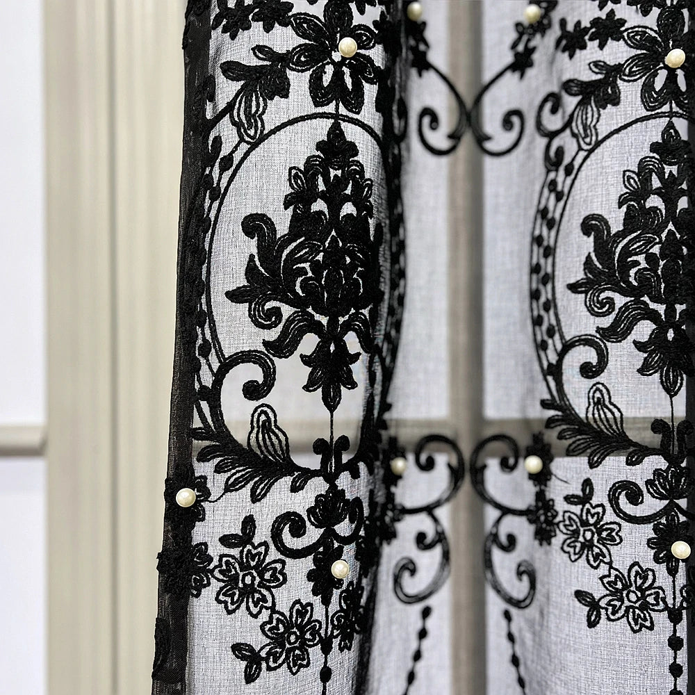 European Luxury Lace Pearl Embroidery Black Sheer Curtain for Living Room Fashion Nordic Geometric Window Screen Cortains