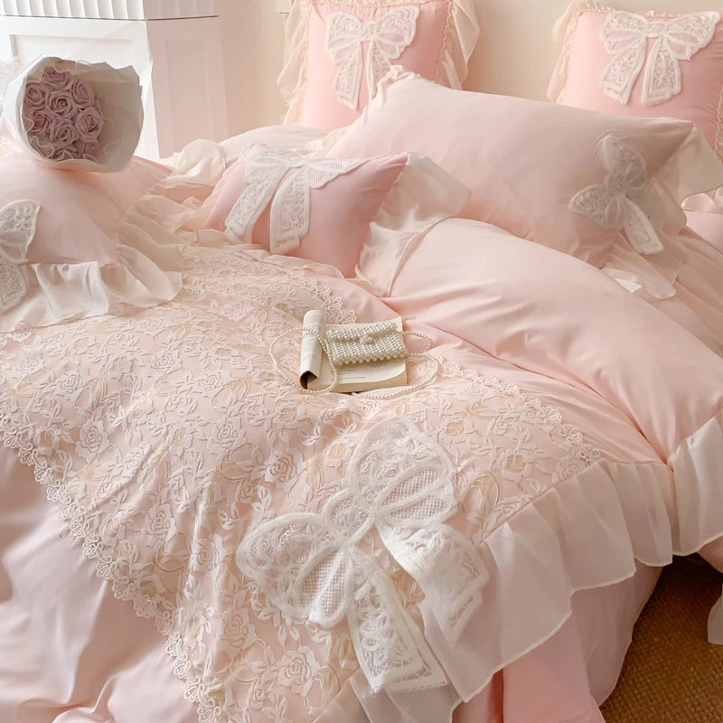 Korean Princess Bedding Set Coquette Lace Bow  Beauty Solid Color Lace Ruffle Comforter Sets Luxury Girls Wedding  Duvet Cover