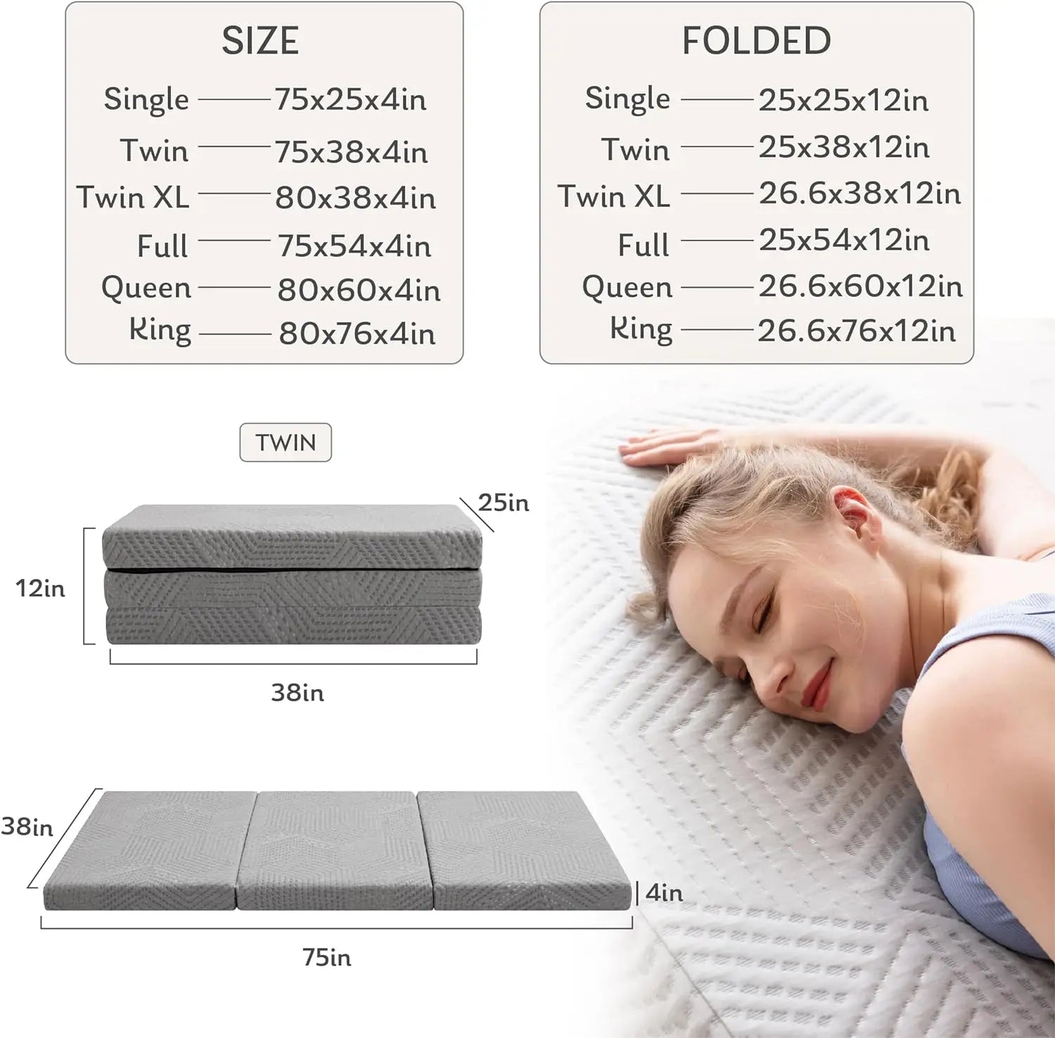 Tri-Fold Memory Foam Mattress, 4 inch Single Folding Mattress with Collapsible and Washable Cover, Travel and Guest Mat