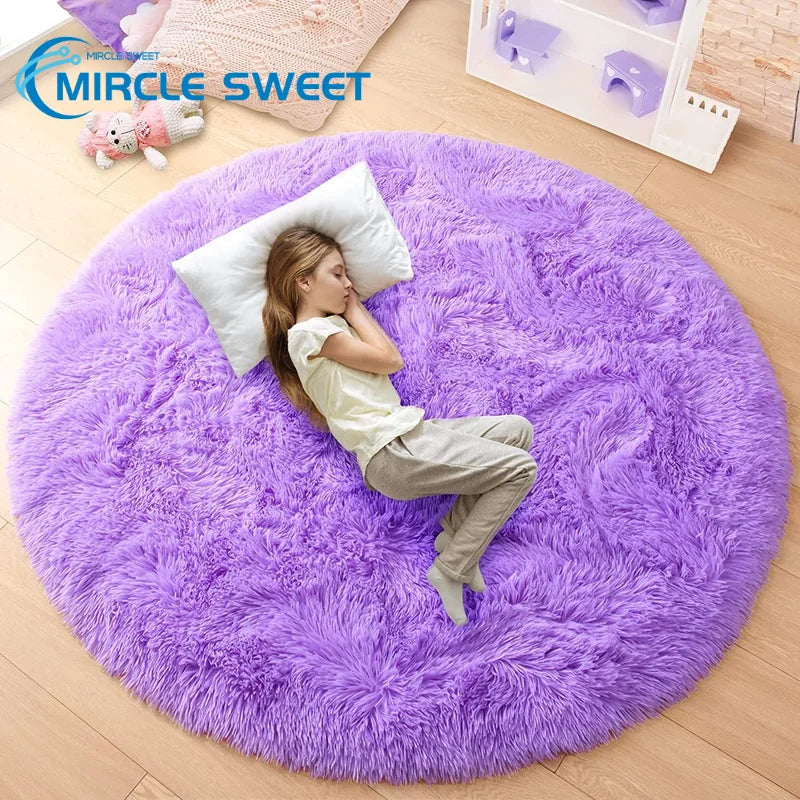 Purple Round Fluffy Carpet for Kids, Soft Area Rug for Girls Room, Princess Castle Plush Shaggy Carpet, Cute Circle Rug, Bedroom