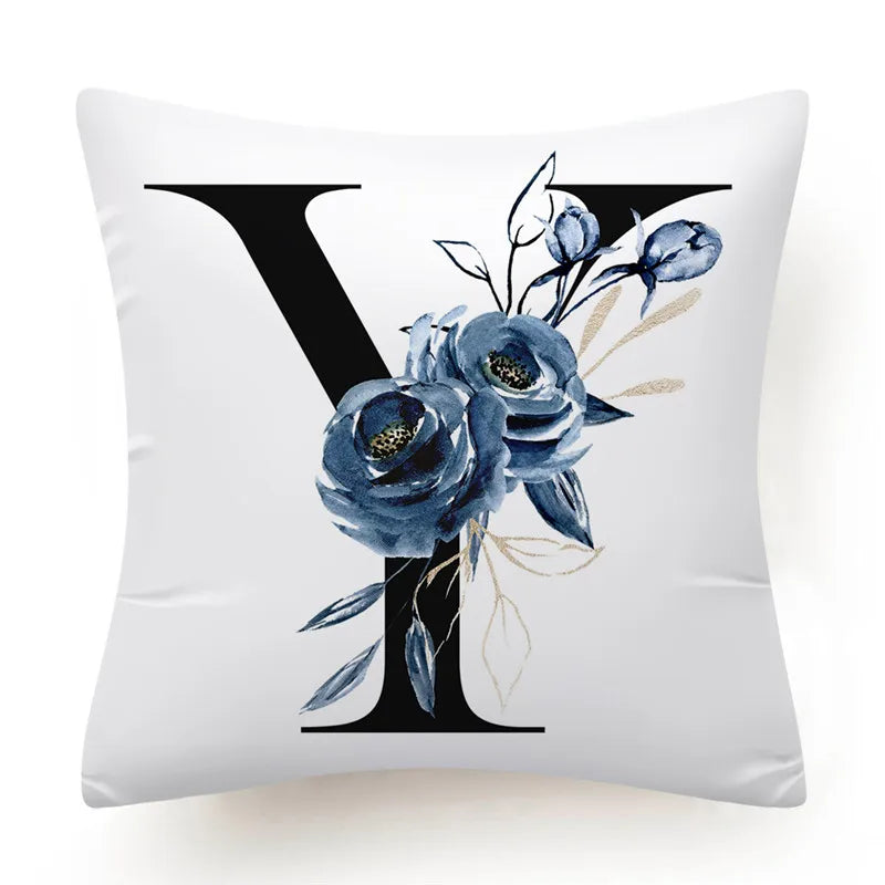 Floral Alphabet Cushion Cover 45x45 Blue Flowers Pillowcase Decorative Sofa Cushions Throw Pillows Home Decor Pillow Cases