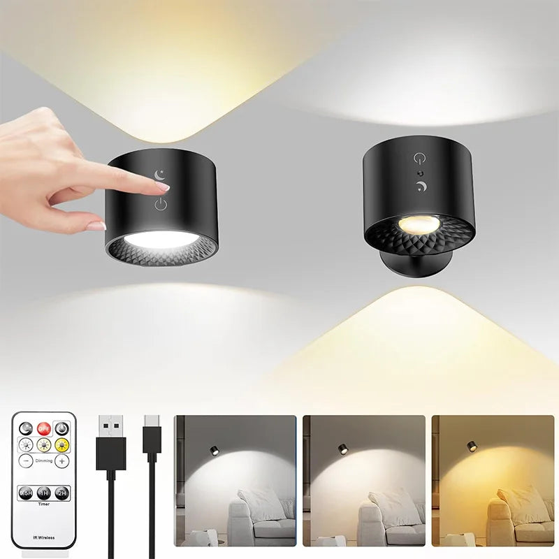 Led Double Head Wall Lamp Touch Control Remote 360 Rotatable USB Recharge Wireless Portable Night Light For Bedroom Reading Lamp