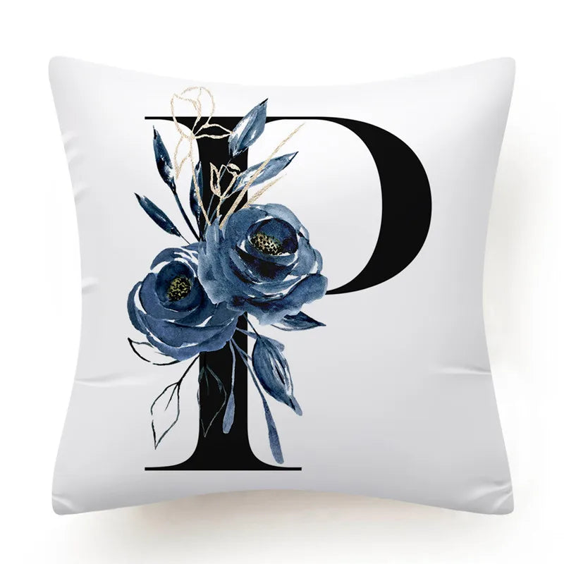 Floral Alphabet Cushion Cover 45x45 Blue Flowers Pillowcase Decorative Sofa Cushions Throw Pillows Home Decor Pillow Cases