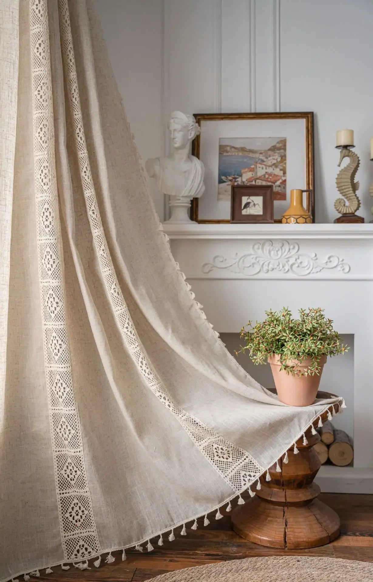 American vintage farmhouse curtain Bohemian imitation linen hollow crochet pure hand sewn semi-transparent fringe curtain 1PC