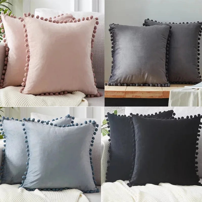 Velvet Cushioncover pillowslip with Ball Soft Decorative Cushion Home Decor for Sofa Set Bedroom Pillowcase Blue Pink Pillow